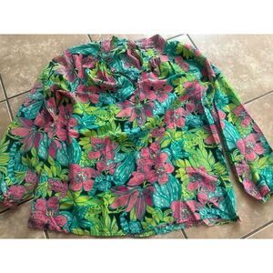 Lilly Pulitzer L Silk Printed Blouse Tunic V Necklace